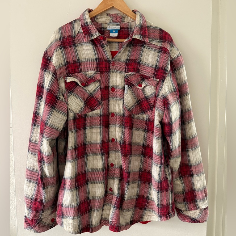 Columbia Mens Fleece Lined Flannel Shirt Plaid Red Jacket Outdoor in Large